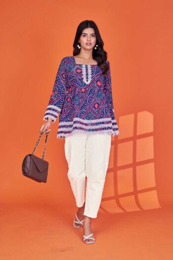 Vyomini Delta Silk Square Neck Top | Printed Blue Short Kurti for Office & Casual Wear