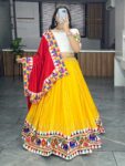 Vyomini 6-Meter Flair Gota Patti Lehenga | Yellow Gamthi Work Navratri Chaniya Choli
