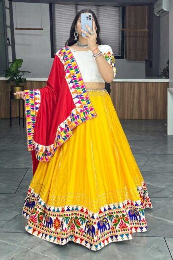 Vyomini 6-Meter Flair Gota Patti Lehenga | Yellow Gamthi Work Navratri Chaniya Choli